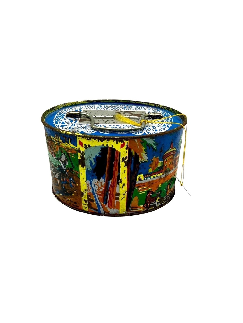 Small Vintage Tin Box Bank with Key and Handle, Made in China, Distressed,
